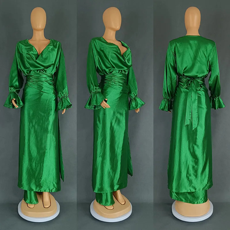 Women's Satin Flare Long Sleeve Pile Collar and Draped Waist Dress