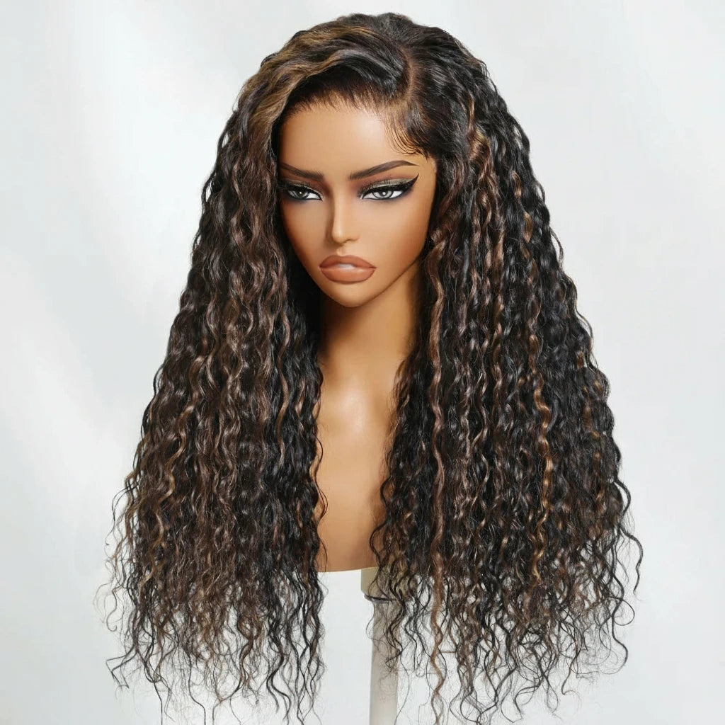 Lace 7x5 Bye-Bye Knots Brown Highlights Water Wave Human Hair Ready To Wear Wig