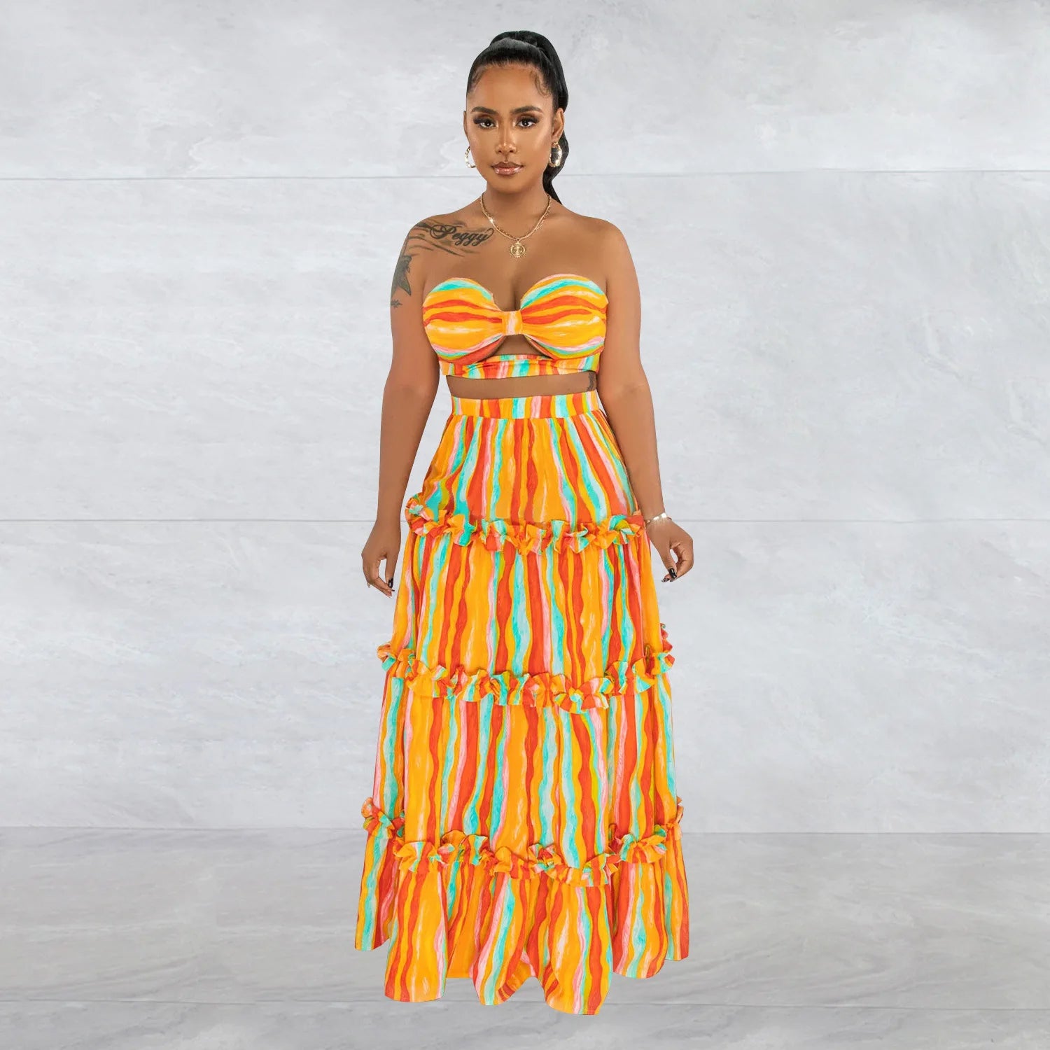 Women’s Colorful Striped Tiered Maxi Skirt and Cutout Strapless Crop Top Set