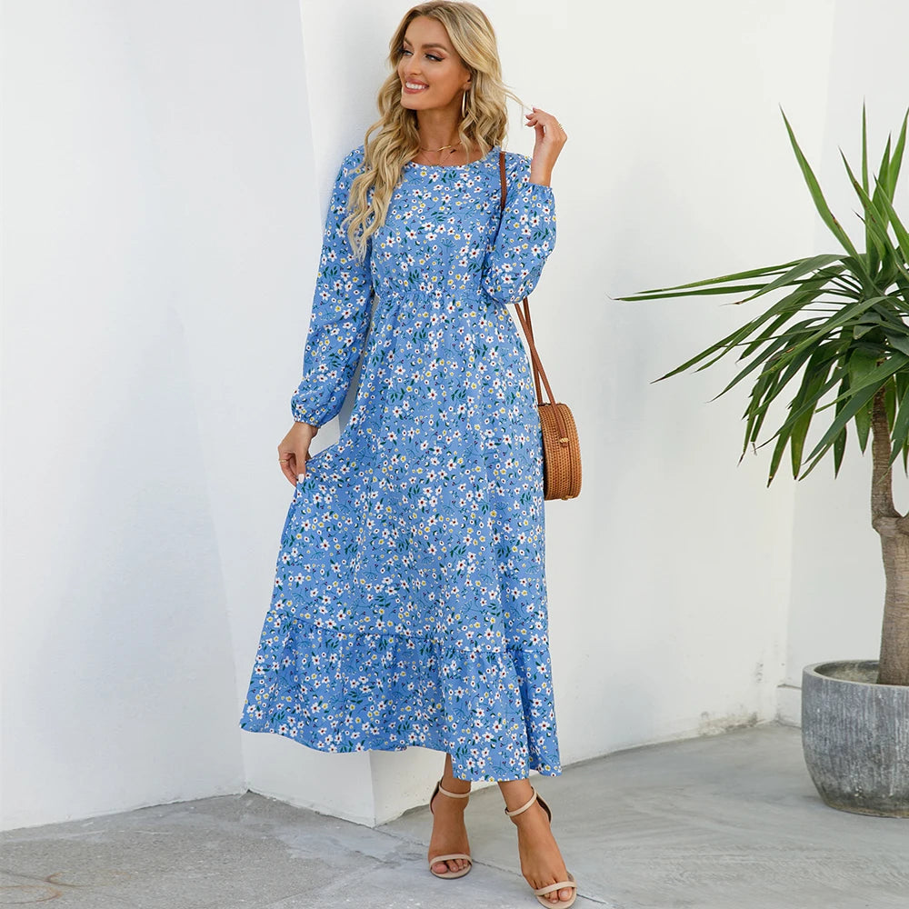 Bohemian  Chiffon Casual Long-Sleeve High Waist Maxi Dress