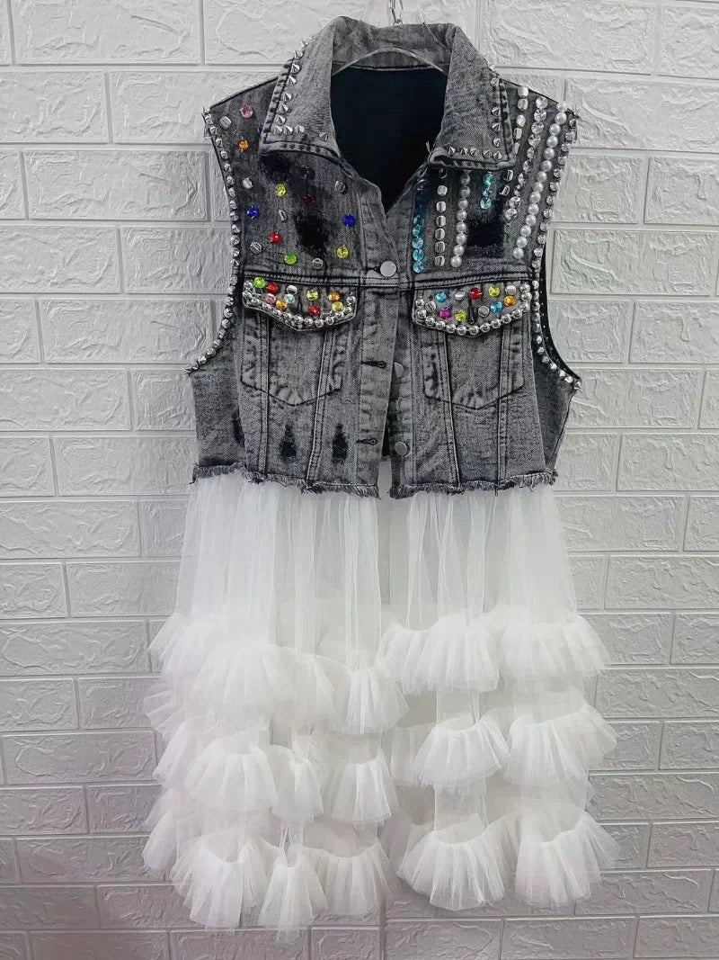 Women’s Rainbow Color Diamond Beaded Mesh Ruffles Splice Jean Jacket