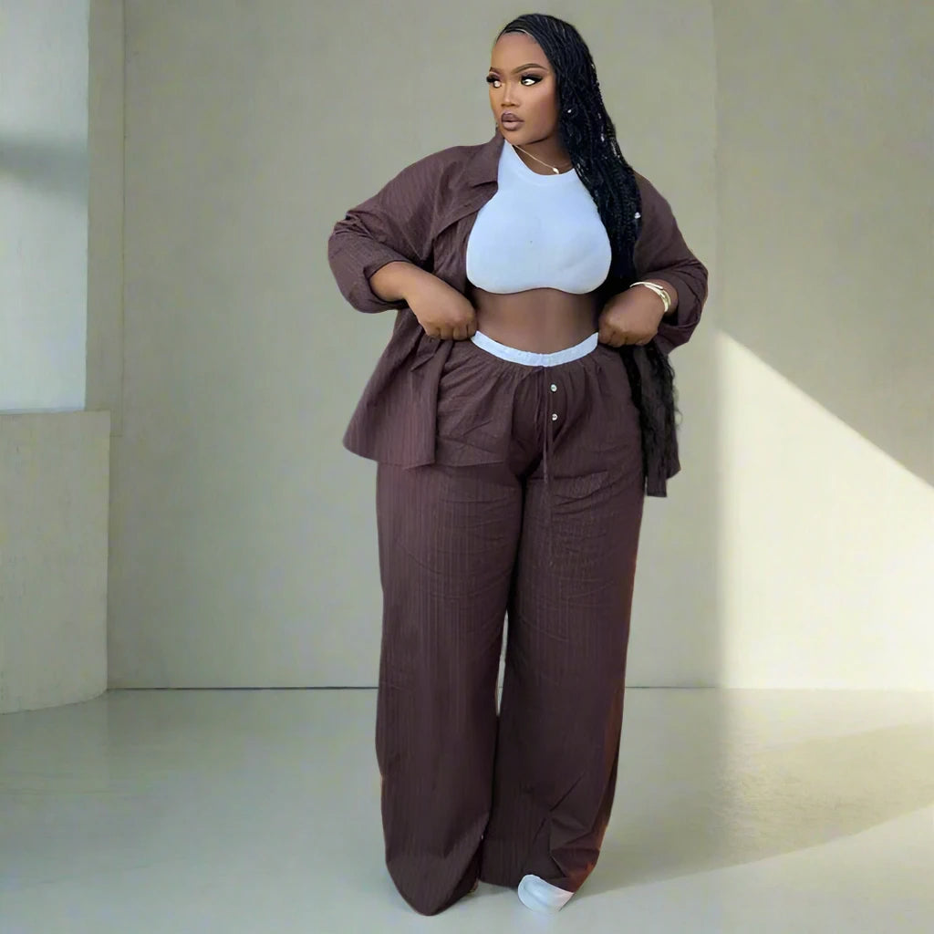 Women's Long Sleeve Striped Shirt + Wide Leg Pants Set