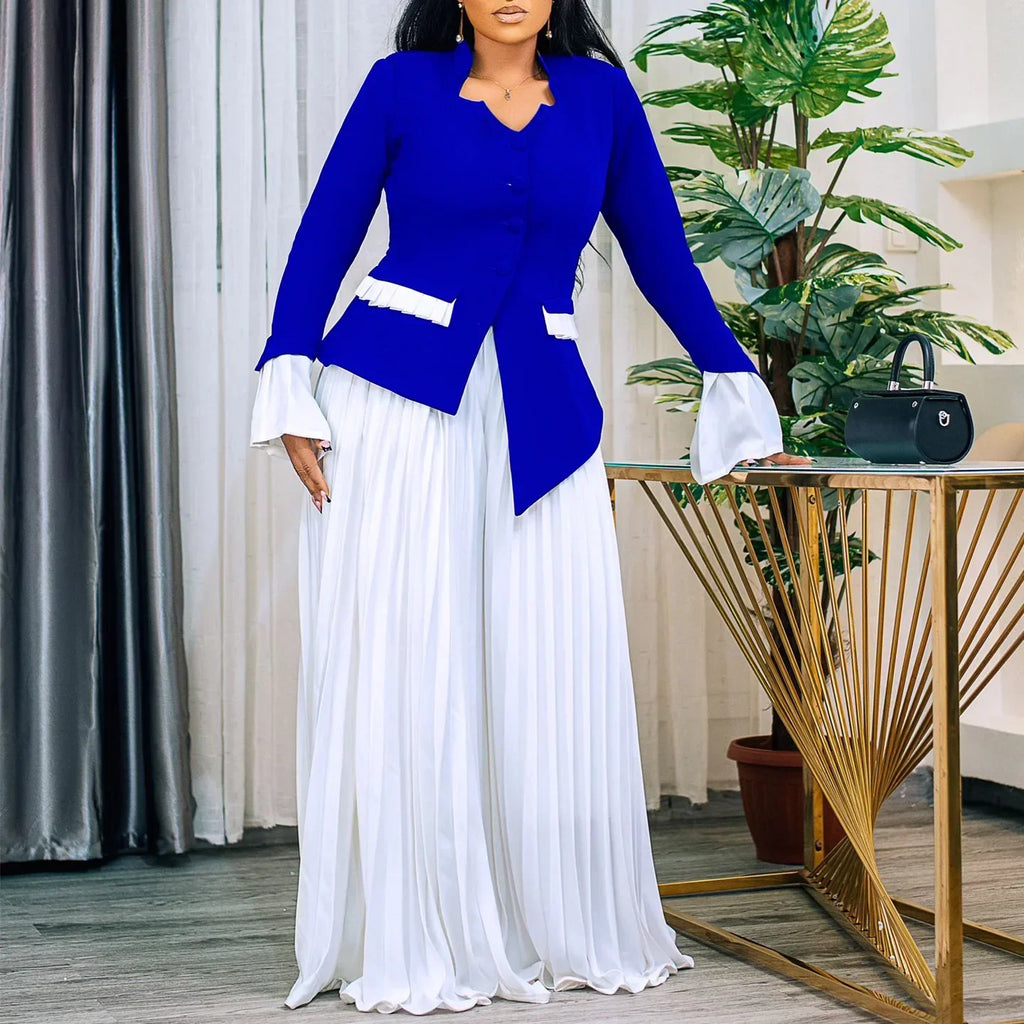 Women's Full Flare Sleeve Button Blazer Shirt + Pleated Long Pants Set