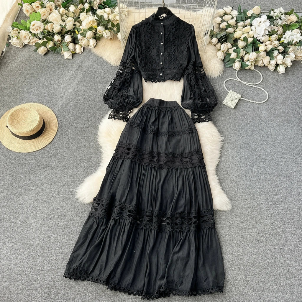 Women's Long Sleeve Lace Top and Pleated Maxi Skirt Set