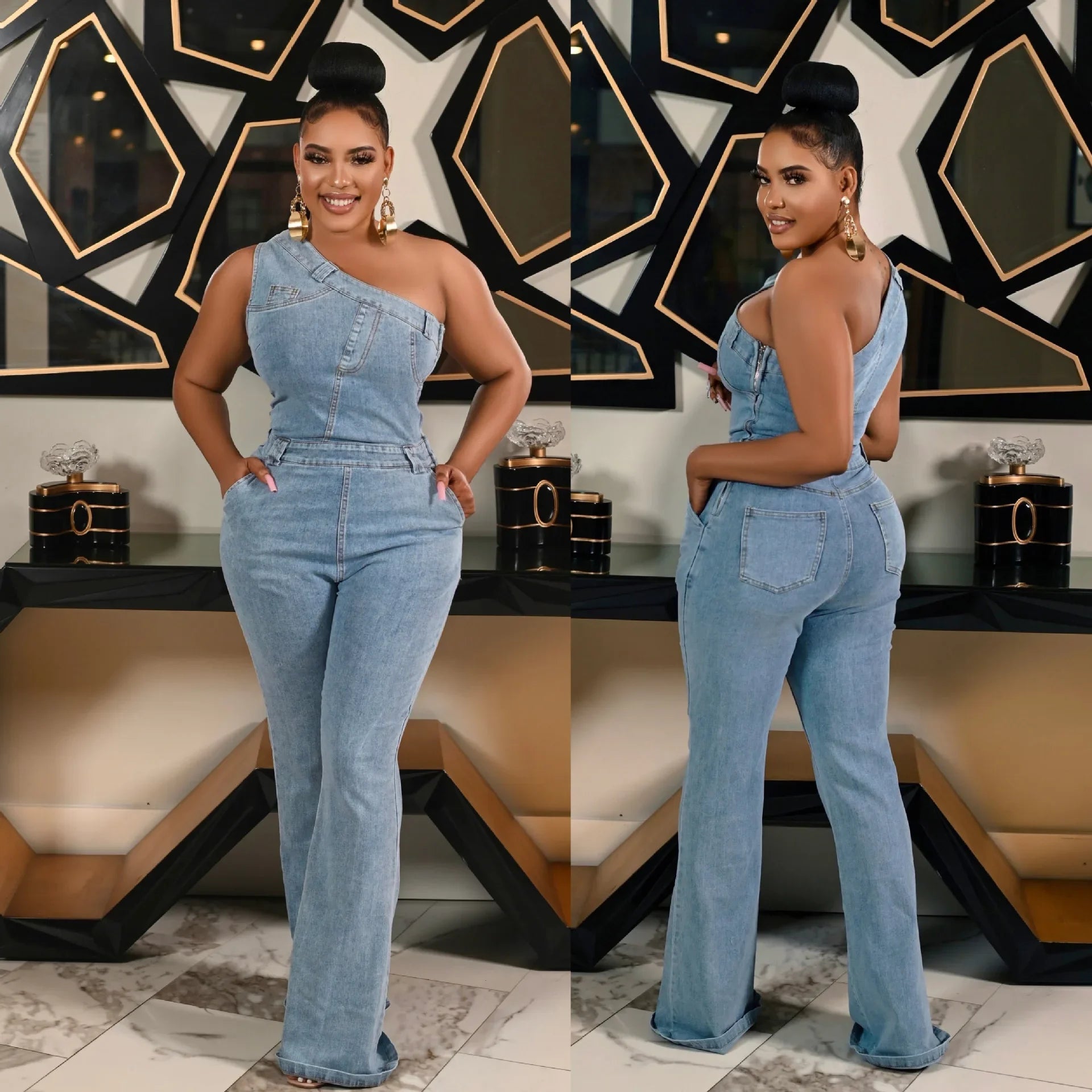 Women’s Flare Denim Full Length One Piece Basics Washed Overalls