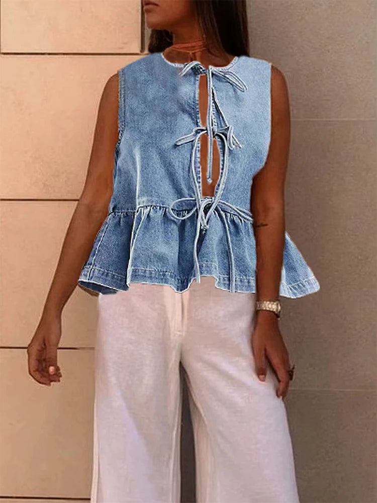 Women’s Lace Up Sleeveless Round Neck Denim Ruffles Hem Solid Vest