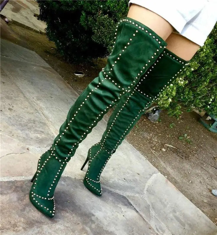 Thin High Heel Rivets Luxury Over The Knee Suede Pointed Toe Boots