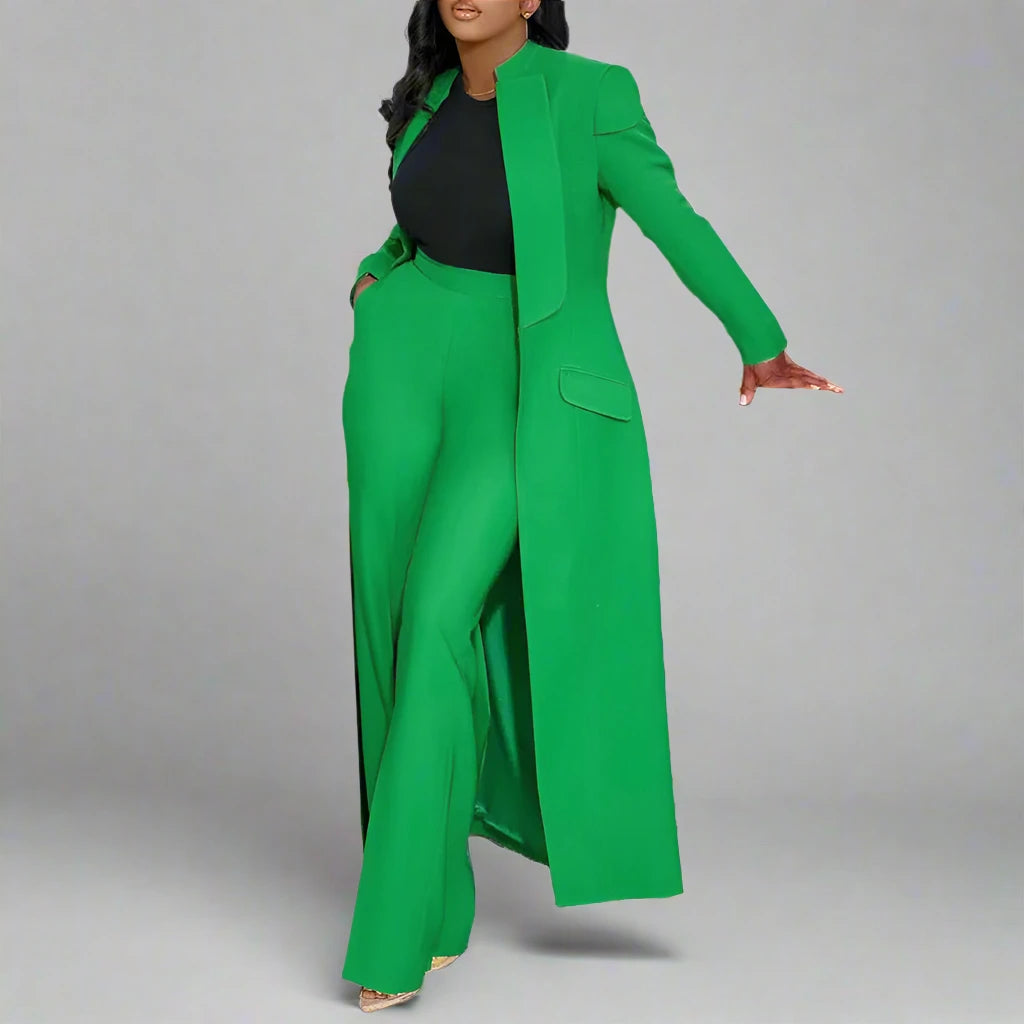 Women's Full Sleeve X-Long Blazer Coat+ Long Pant Set