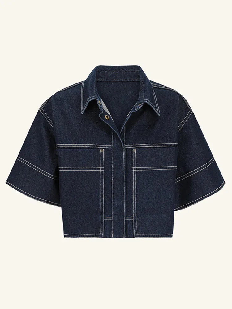 Women’s Lapel Pockets Short-sleeves Denim Shirt + A-line Long Denim Skirt Set