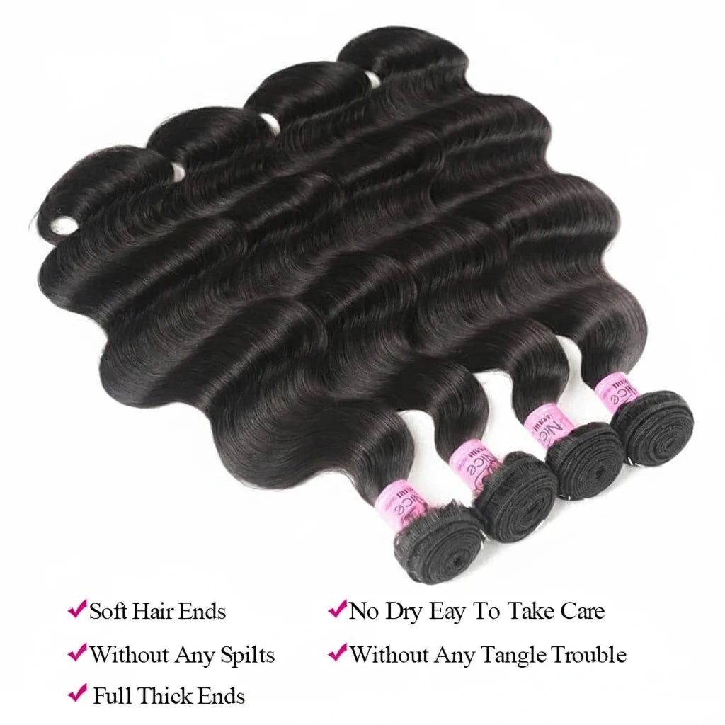 Brazilian Body Wave 3 Bundles w/ Lace Frontal Closure 13x4 Free Part 100% Human Hair Bundles with Frontal