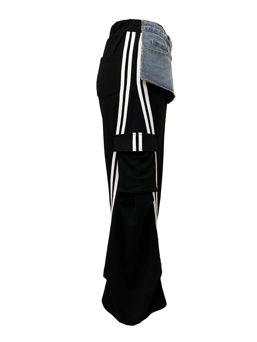 Women’s Denim Patchwork Pocket Side Wide Leg Loose Jogger Pants