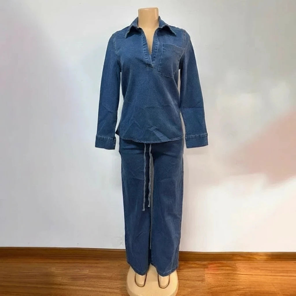 Women's Long Sleeve Washed Denim Top & Wide Leg Pants Set