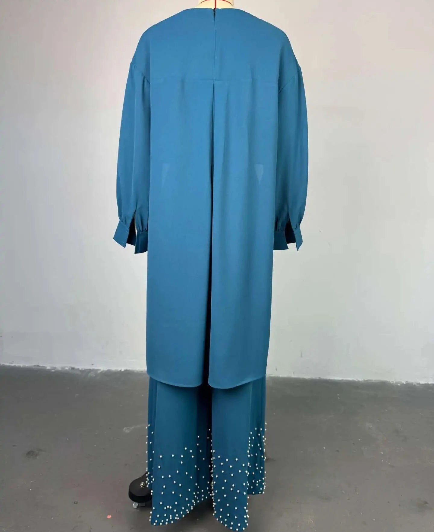 Women's Long Sleeve Maxi Blouse and Pearl Beading Wide Leg Pants