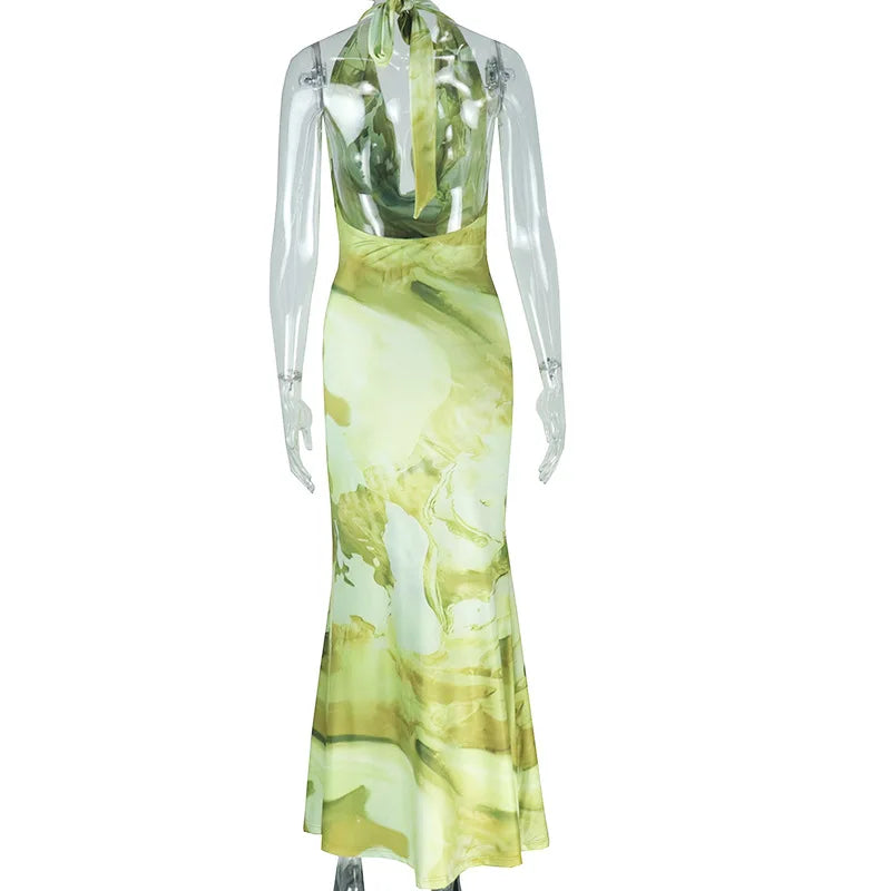 Women’s Sleeveless Ruched Print Halter V-neck High Waist Maxi Dress