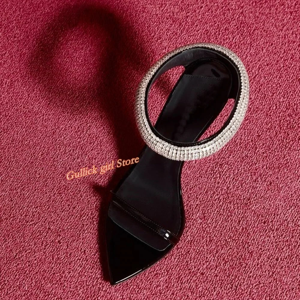 Top Quality Crystal Strap Stiletto Sandals Sexy Pointed Toe Black Patend Leather Slip On Fashion 2024 Summer New Arrivals Shoes