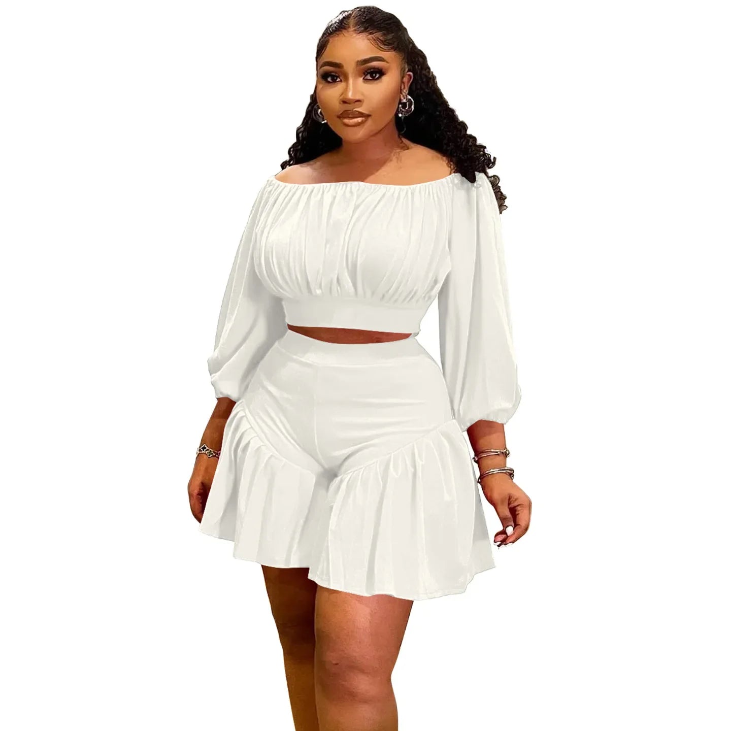 Plus Size Women's Long Sleeve Slash Neck Blouse and Shorts Set