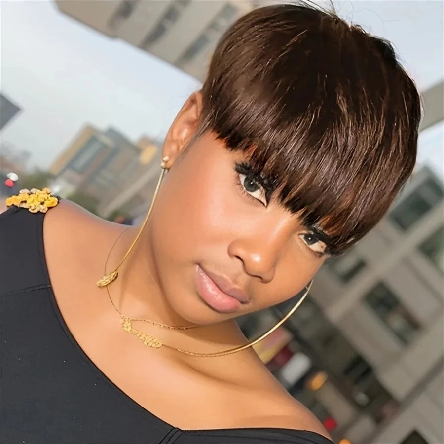 Remy Pixie Cut Short Straight Human Hair Wig For Women