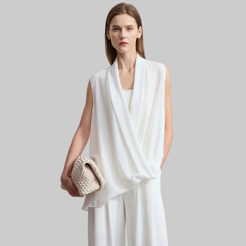 Women’s Drap Fold Collar V-Neck Chiffon Loose Blouse