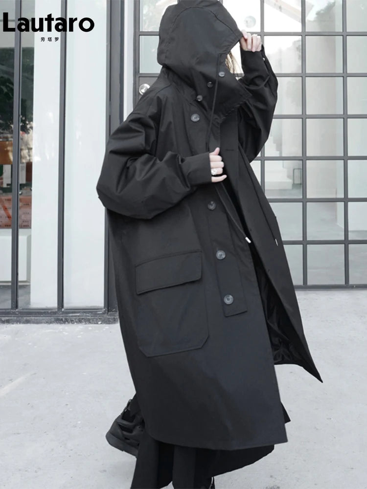 Long Oversized Black Trench Coat with Hood