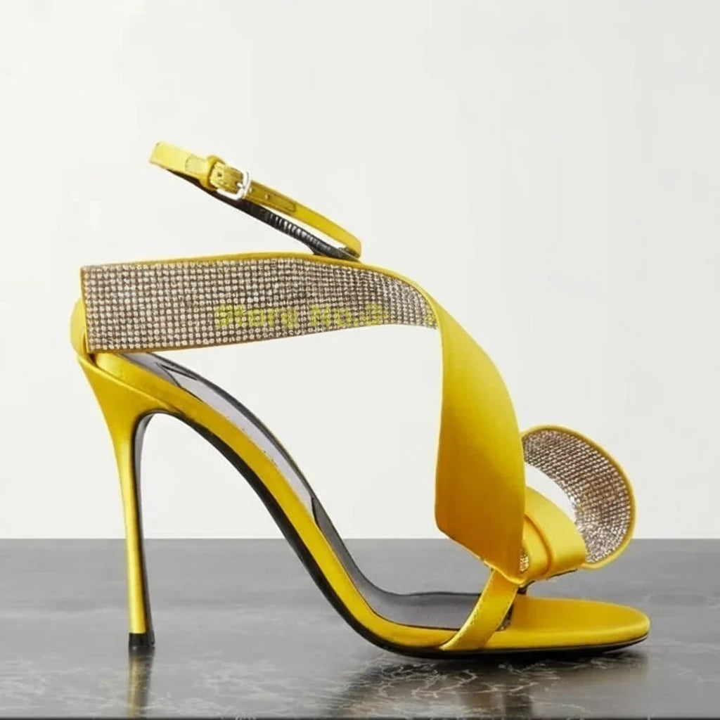 Crystal-embellished Satin Sandals Yellow Rosy Red Thin High Heel Ankle Cross Strap Crystal Women Summer Sandals High Heels