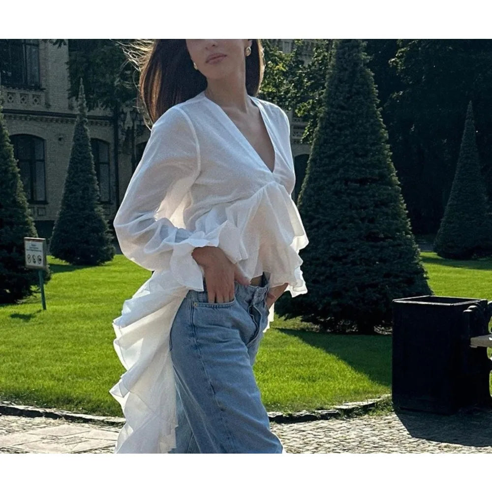 Women’s Solid Spliced Ruffles V Neck Long Sleeve Blouse