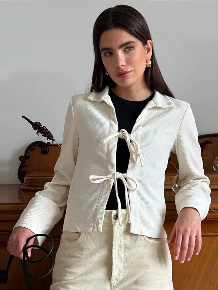 Casual Lace Up Turn-Down Collar Long Sleeve