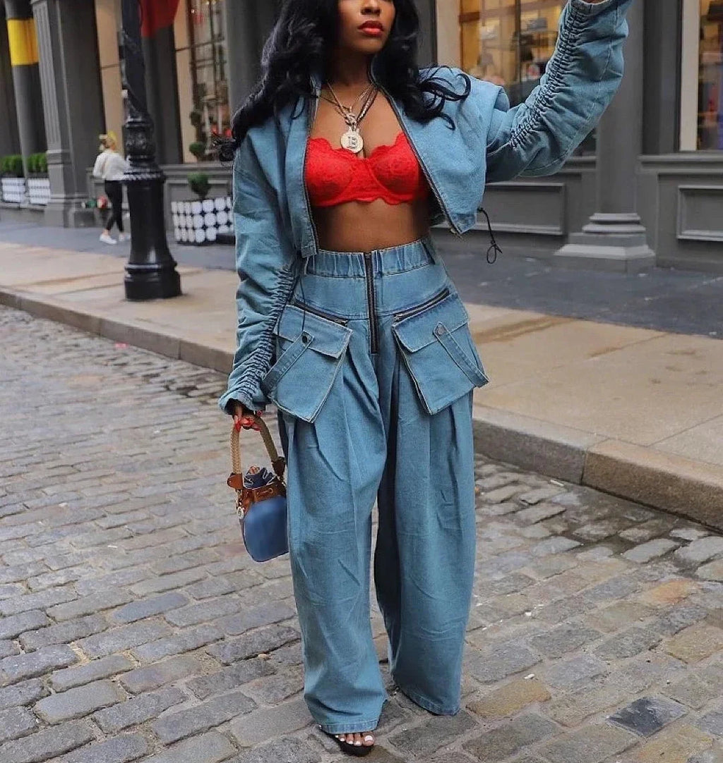 Women's Ruched Long Sleeve Jacket and Pocket Front Wide Leg High Waist Jeans Pants Set