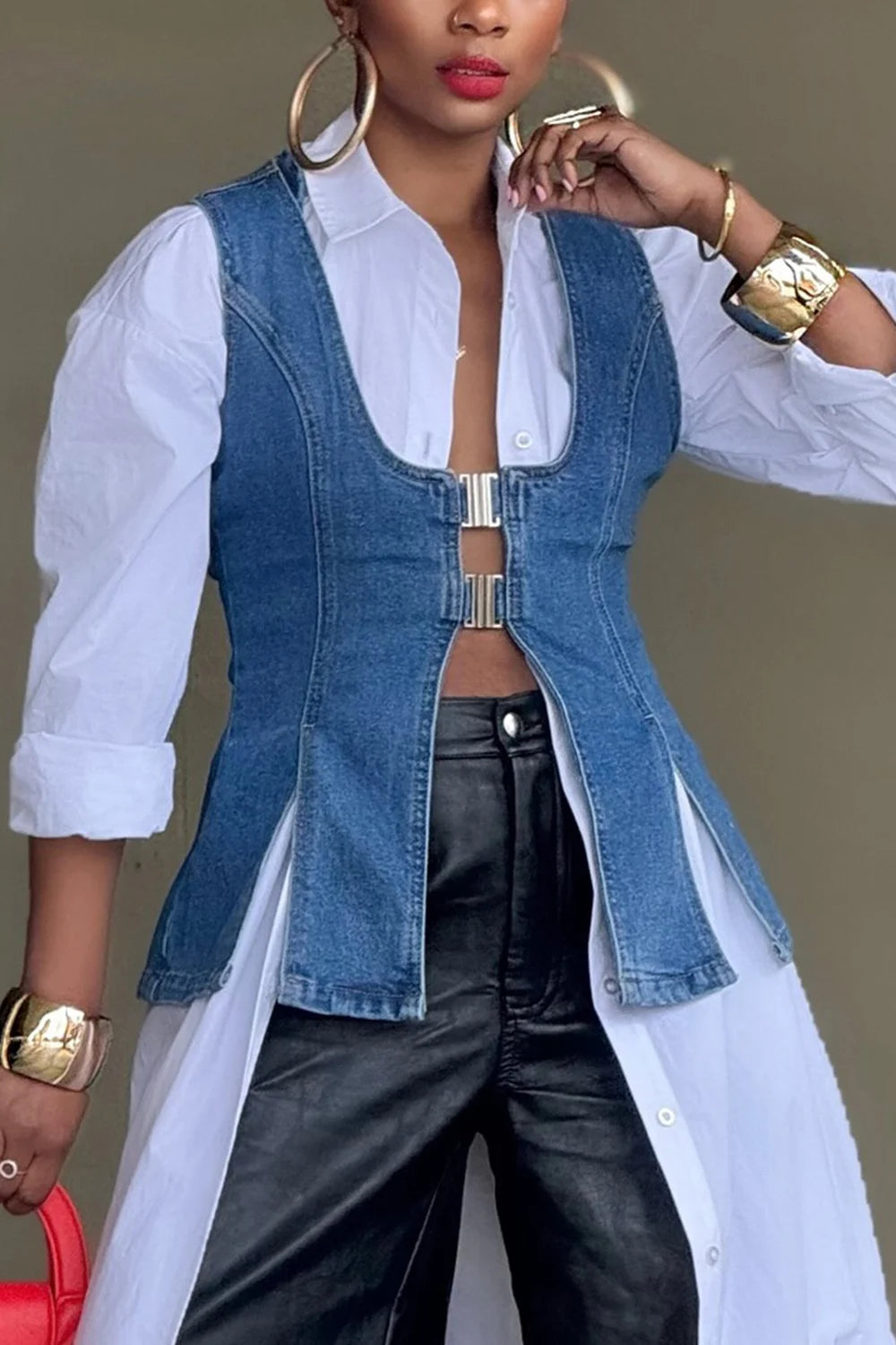 Plus Size Business Casual Blue Casual Split Denim Vest