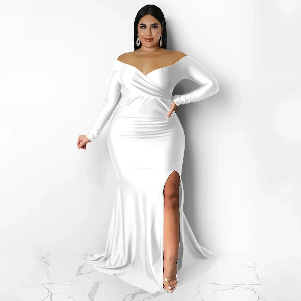 Women’s Off Shoulder V-neck High Side Slit Mermaid Long Sleeve Maxi Dress