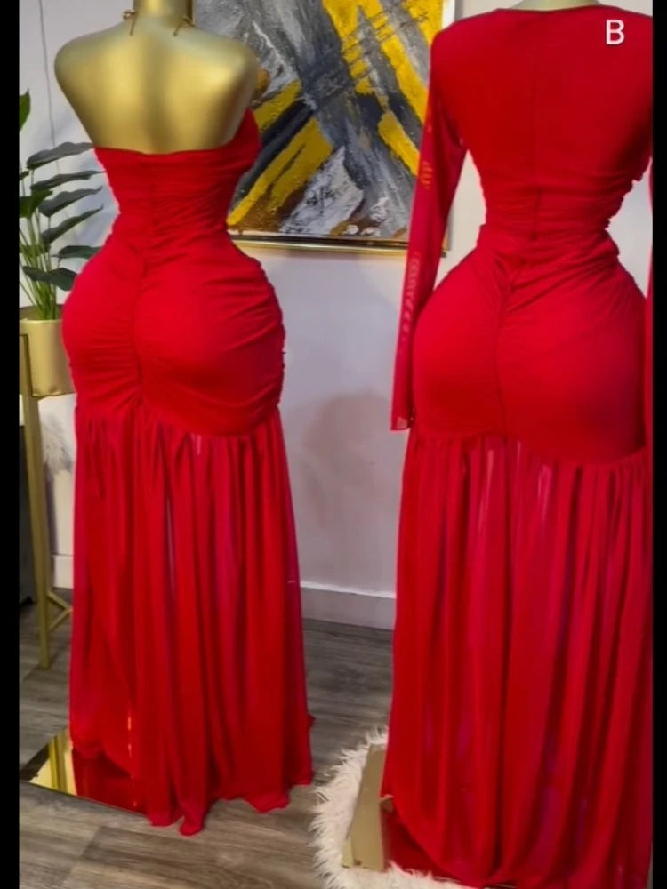 Women’s Stacked Ruched Draped High Split Pleated Maxi Bodycon Dress