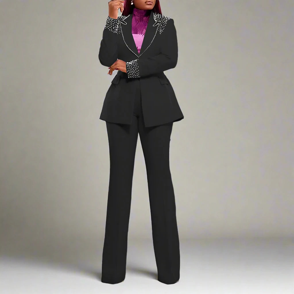 Women's Pearl Splicing Long Sleeve Blazer and Wide Leg Pants Suit