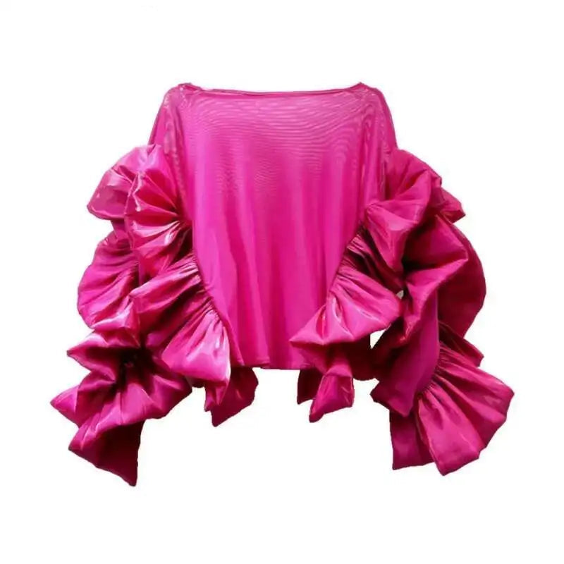 Women's O-neck Loose Stretch Irregular Patchwork Ruffles Edge