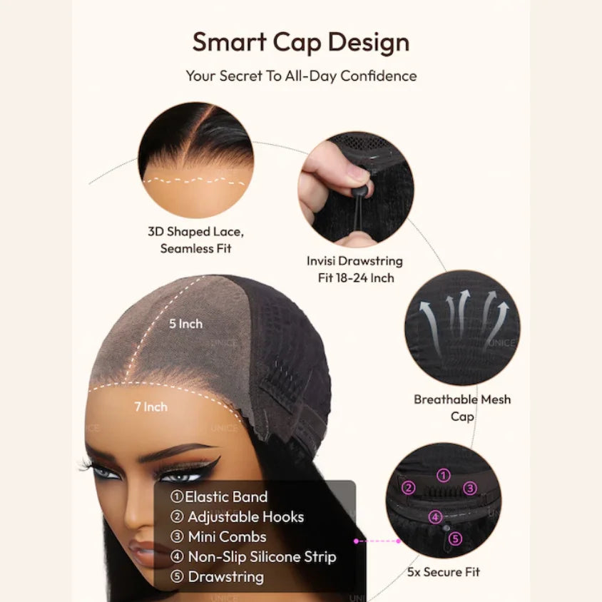 Bye-Bye Knots 7x5 Lace Yaki Straight Human Hair With Invisi Drawstring & Loose Wave Wigs