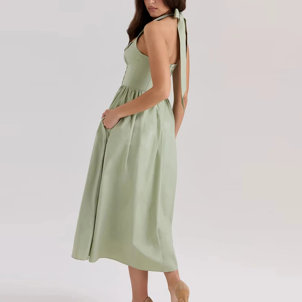 Spliced Lace Up Square Neck Sleeveless High Waist Temperament Slimming Dress