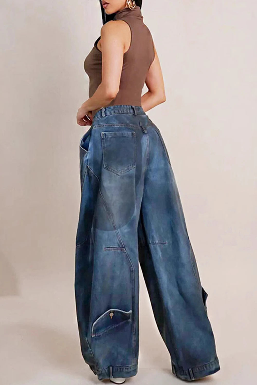 Women's Loose Denim Asymmetric Button Pocket Washed Casual Harajuku High Street Grunge Denim Trousers Jeans