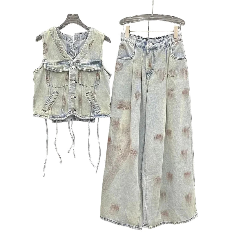 Vintage Back Bandage Design Denim Vest and High Waist Straight Wide Leg Jeans