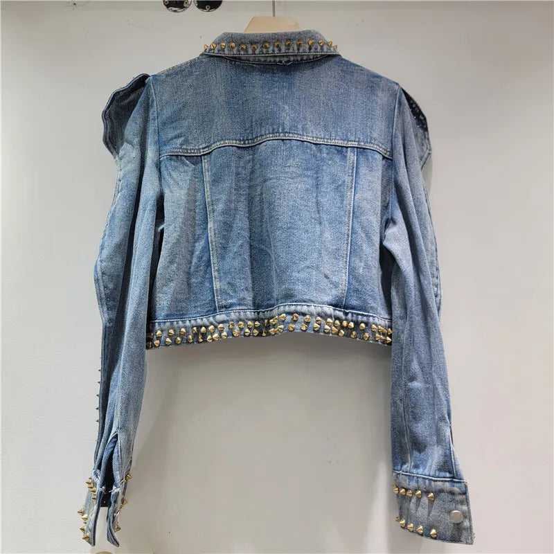 Women's Denim Coat Puff Sleeve Rivets Colorful Crystal Single Breasted Irregular Jacket