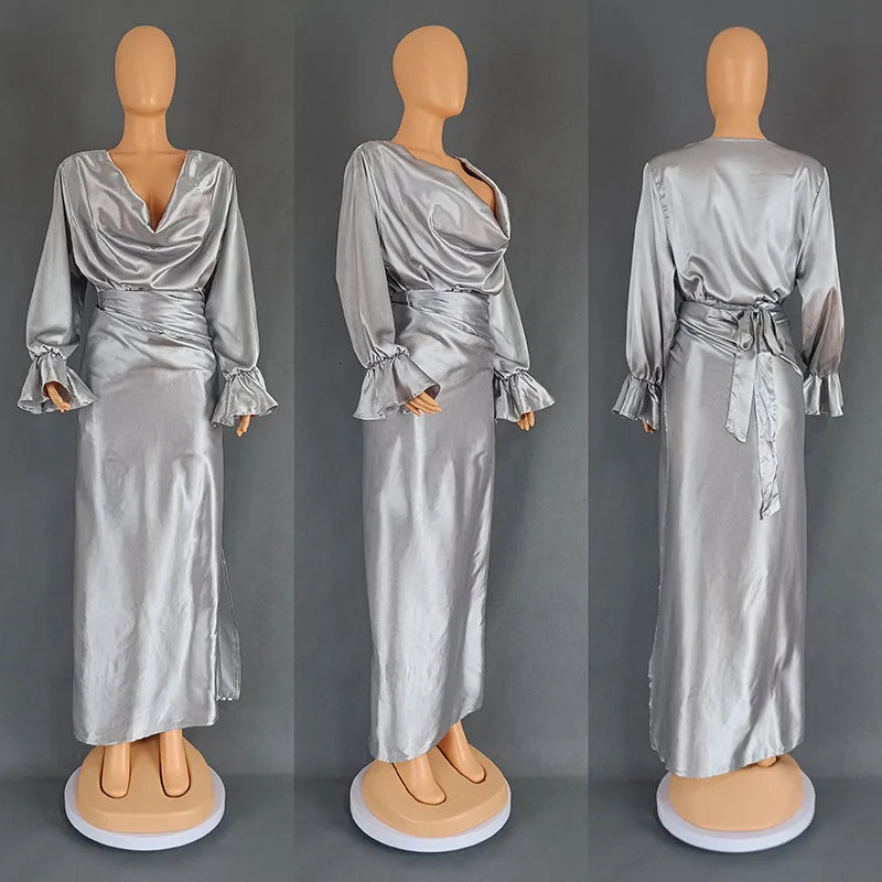 Women's Satin Flare Long Sleeve Pile Collar and Draped Waist Dress