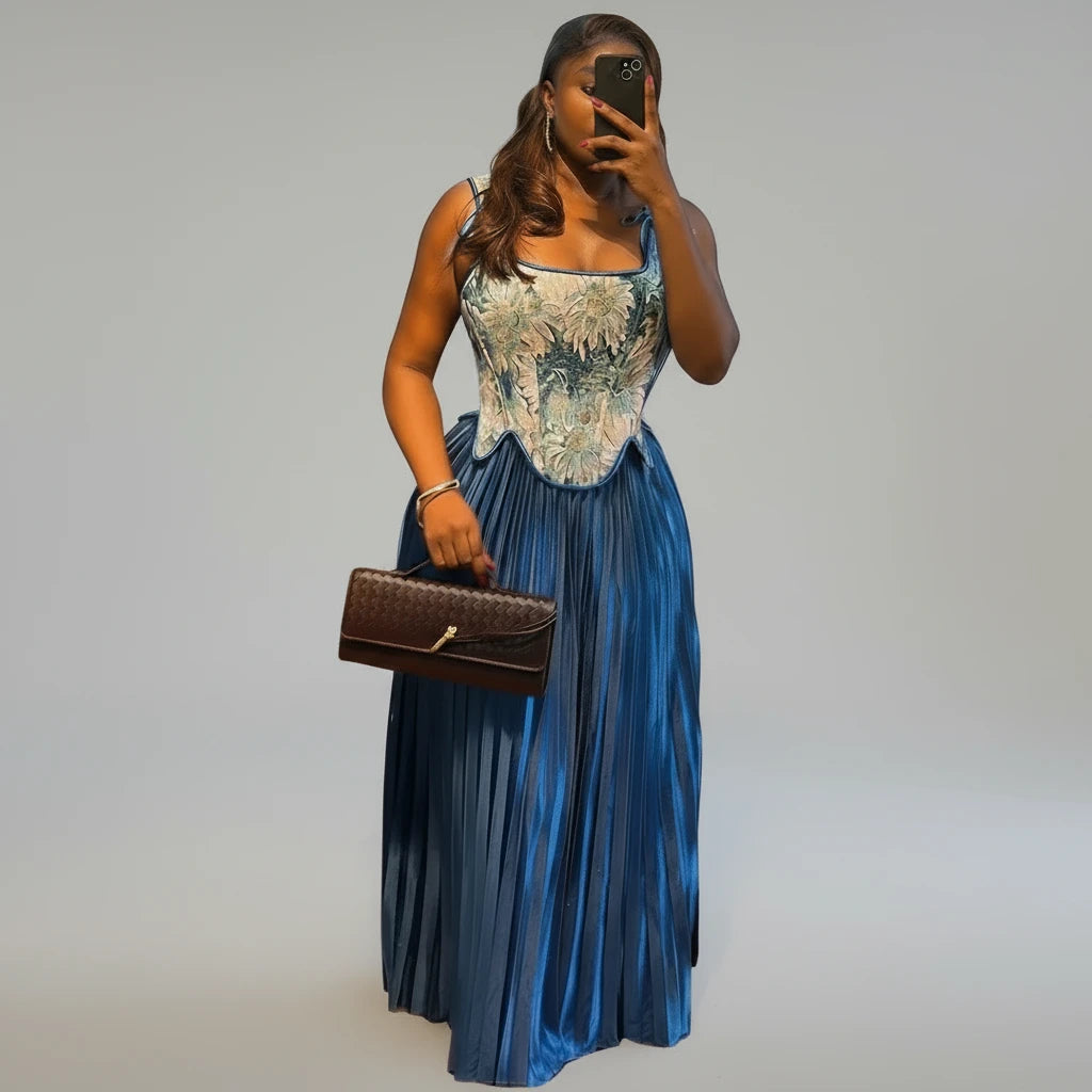 Women's Floral Print Waist-cinching Vest & Pleated Maxi Skirt Set