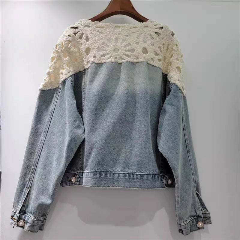 Women's Denim Patchwork Lace Hollow Out Shoulder V-neck Single Breasted Jacket
