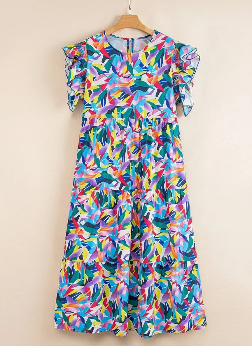 Plus Size Geo Print O-Neck Flying Sleeve Boho Ruffle Hem Loose Dress