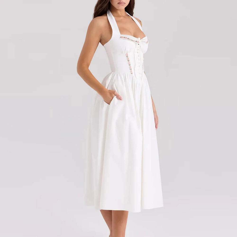 Spliced Lace Up Square Neck Sleeveless High Waist Temperament Slimming Dress