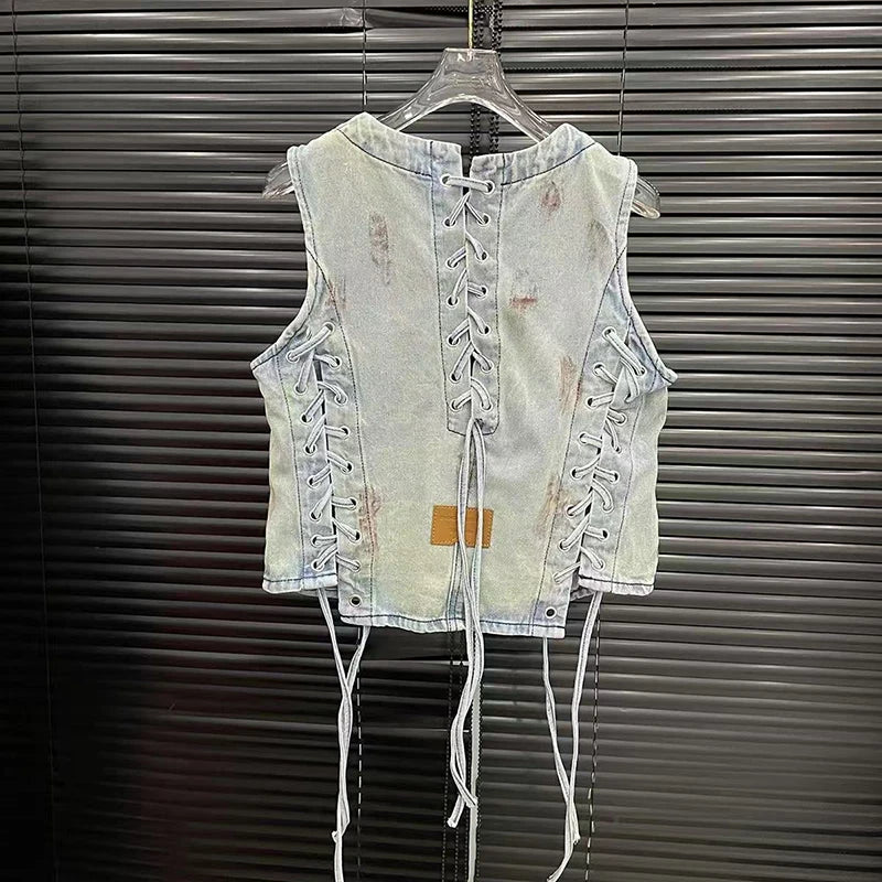 Vintage Back Bandage Design Denim Vest and High Waist Straight Wide Leg Jeans