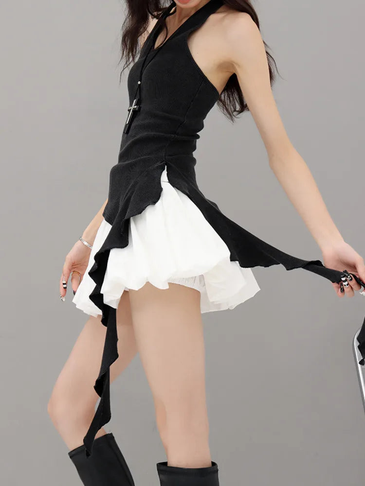 Women's Knitted Short Tank Tops Patchwork Irregular Backless