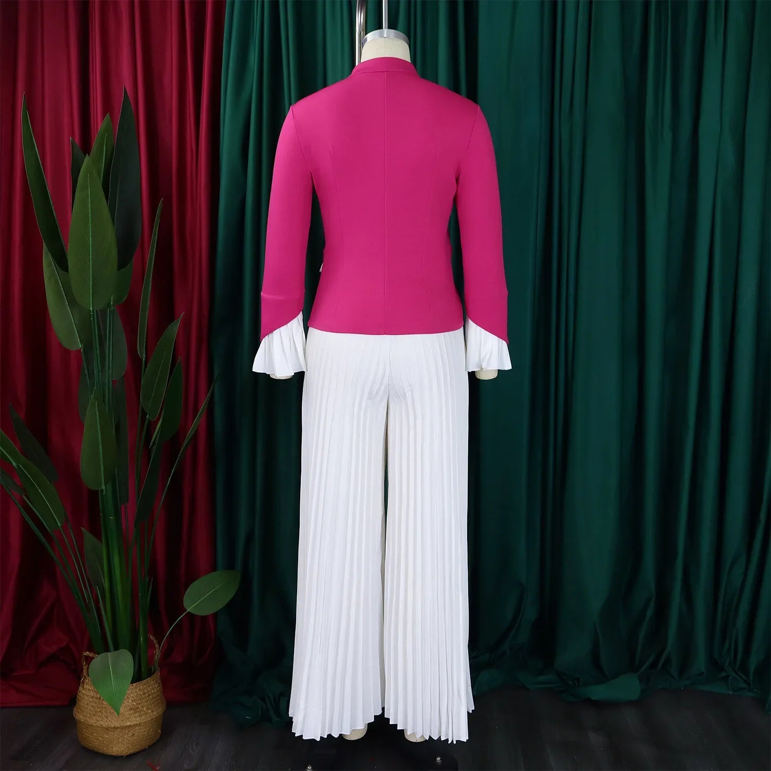 Women's Full Flare Sleeve Button Blazer Shirt + Pleated Long Pants Set