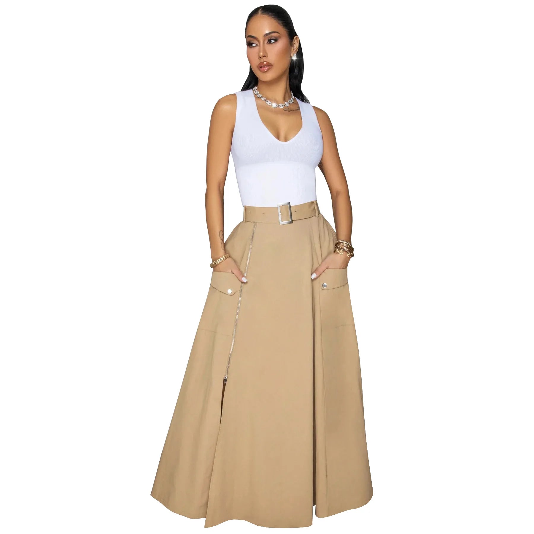 Women’s High Waist Belt Zipper Split Maxi Skirt