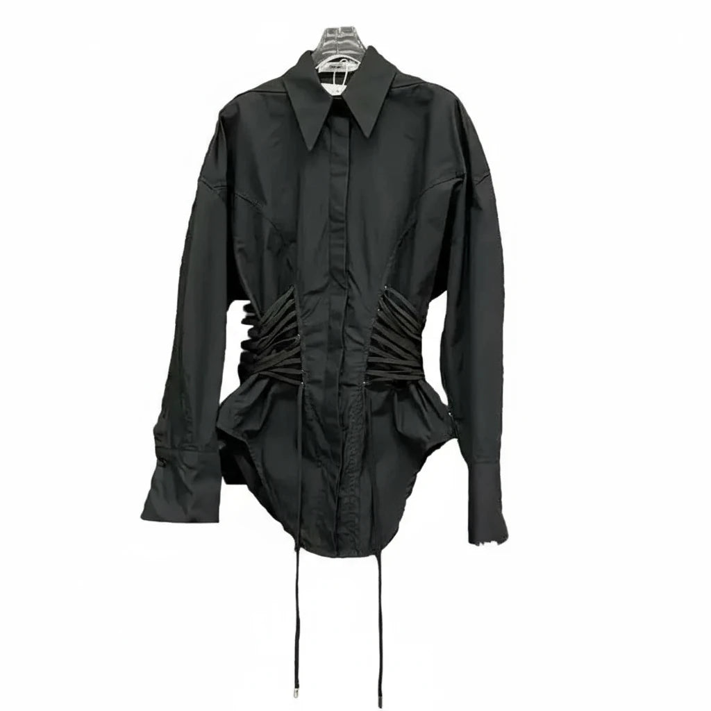 Women's Multiple Drawstrings Lapel Long Sleeves Blouse