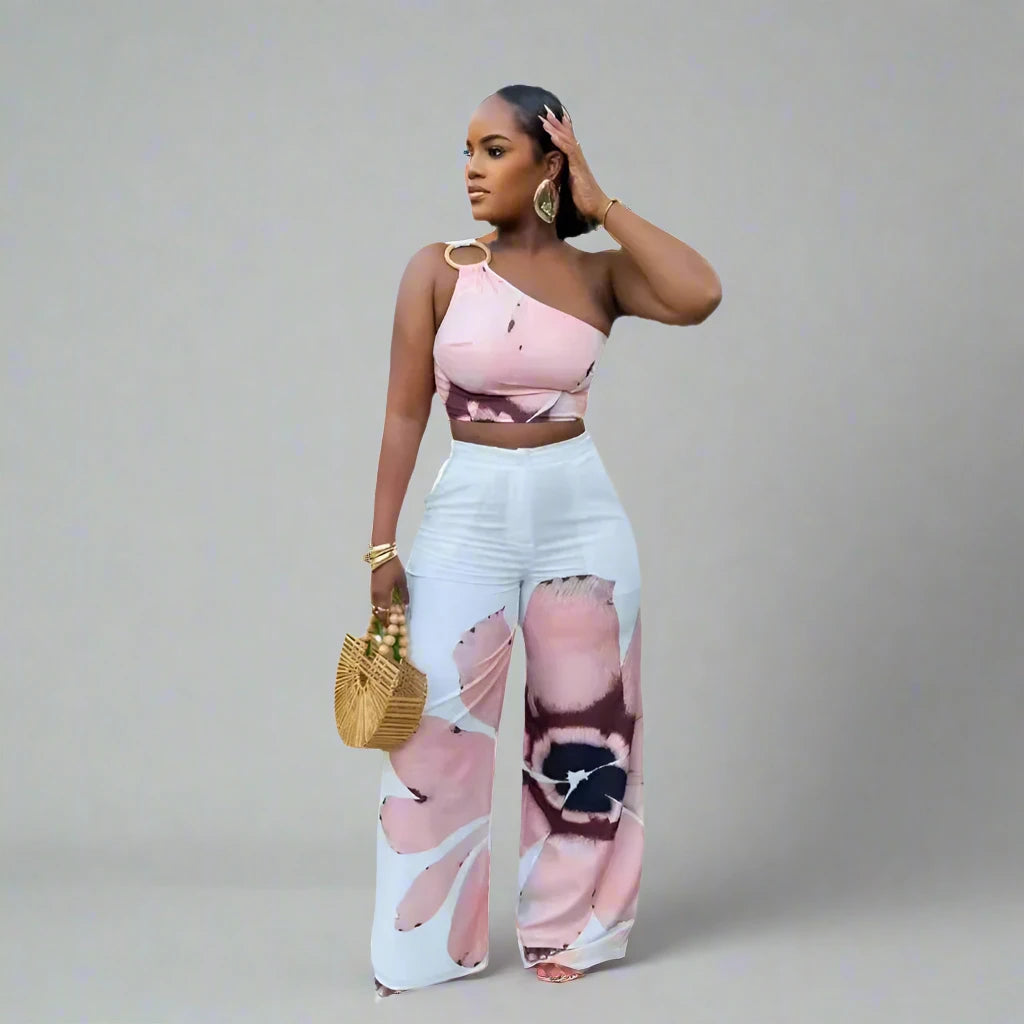 Women’s Floral Print Sleeveless Skew Collar Top +Wide Leg Pants Set
