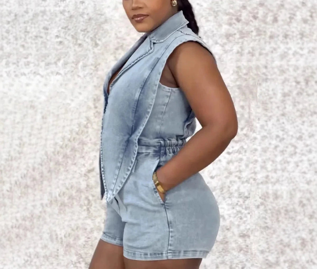 Women’s Denim Sleeveless Hollow Out Short Jumpsuit