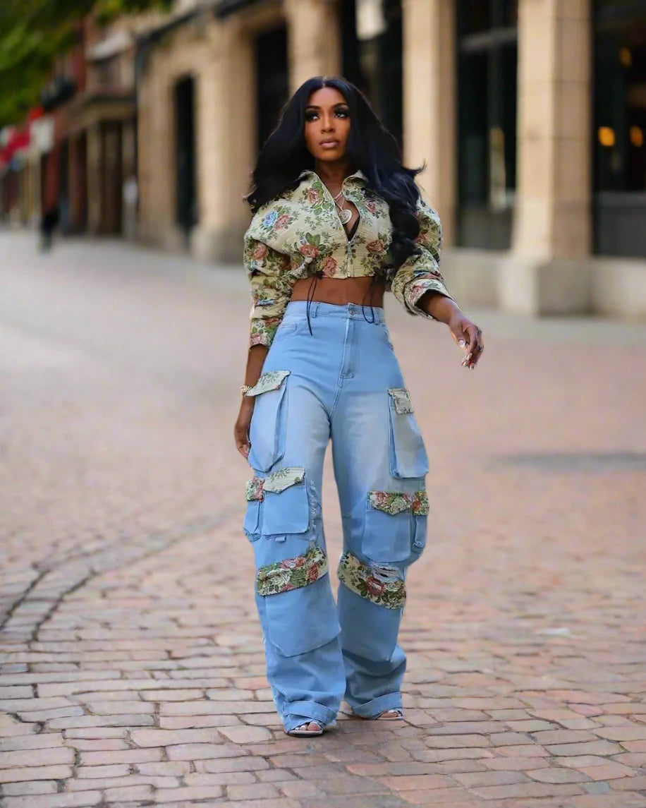 Washed Denim Full Sleeve Floral Jacket and Pockets Cargo Jeans 2 Piece Set